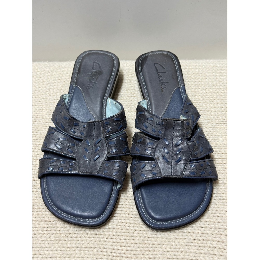 Clarks Leather Upper Blue Slide Sandals‎ Women's Size 7.5M Comfort Shoes